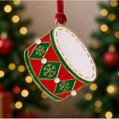 Ornement sapin de Noël forme tambour métal émail flocons de neige 5×5,5 cm (1/3)