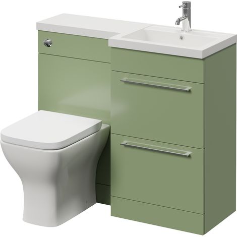 Napoli 390 Olive Green 1000mm 2 Drawer Vanity Unit Toilet Suite with Right Hand Square Lucia Basin - 1000mm - Chrome 320mm HandleWith Kingston Toilet Pan and Seat