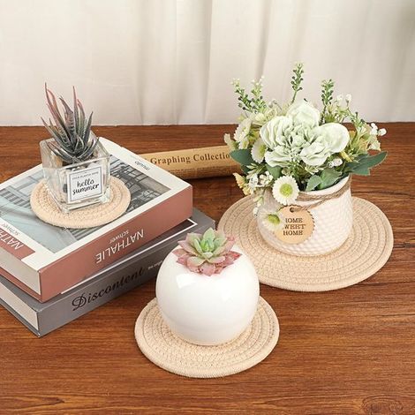 Set da 6 pezzi: sottovasi rotondi (11 cm / 18 cm / 25 cm), sottovasi e vassoi intrecciati per piante in vaso, da interno ed esterno. Decorativi. (1/2)