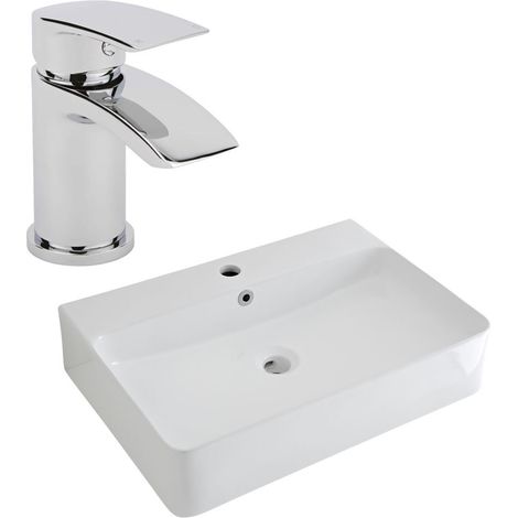 Milano Farington 600mm x 420mm White Ceramic Rectangular Countertop Bathroom Basin Sink - With Mixer Tap (1/5)