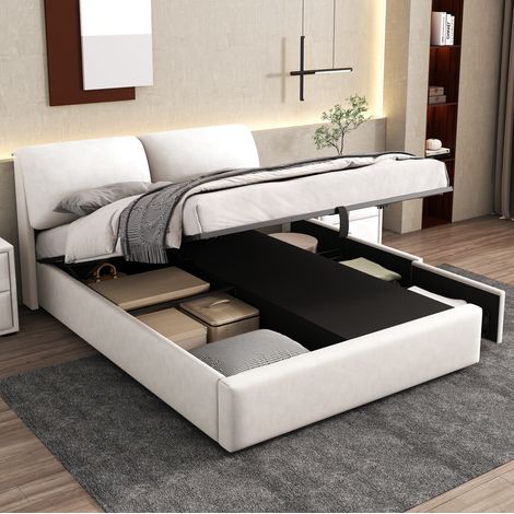 Letto contenitore 140x200 in velluto beige con testiera, 3 cassetti e rete a doghe, OKWISH (1/5)
