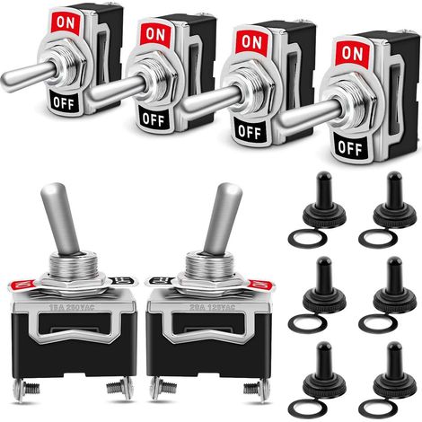 Interrupteur a Bascule Inverseur Bipolaire Etanche AC125V 20A / AC250V 15A SPST Métal Commutateur à Levier, On/Off 2 Positions 2 Broches avec Capuchon Imperméable pour Bateau Auto Camion 6PCS (1/5)