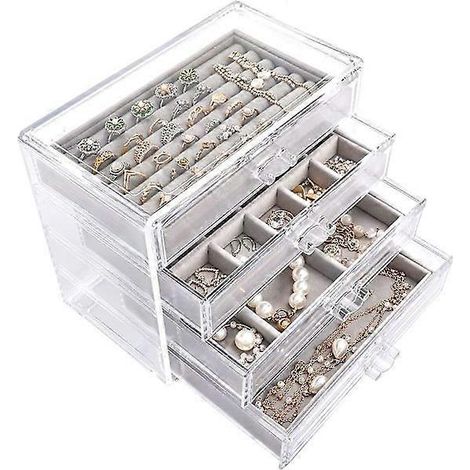 Boîte à bijoux en acrylique à 4 tiroirs, organisateur de bijoux en velours pour boucles d'oreilles, colliers, bagues et bracelets, boîte de rangement à bijoux transparente pour femmes. (1/5)