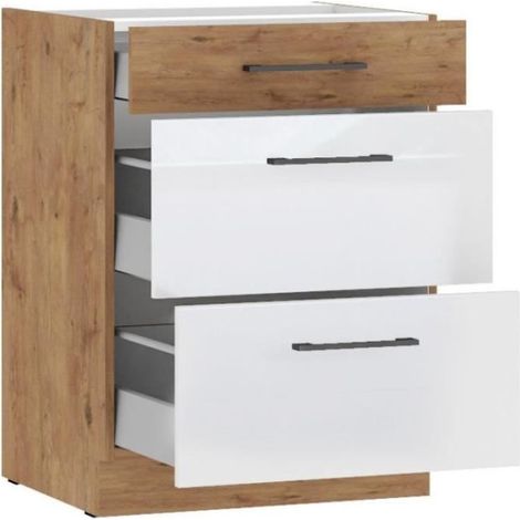 ROCK - Meuble bas casserolier - Mélaminé chene Lancelot et Blanc brillant - 60 cm - 3 tiroirs - Plan de travail non inclus (1/2)