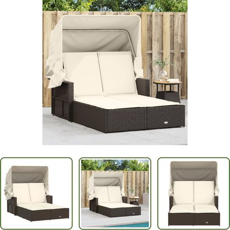 Sonnendach - Doppel-Sonnenliege mit Dach und Auflagen Braun Poly Rattan (1/5)