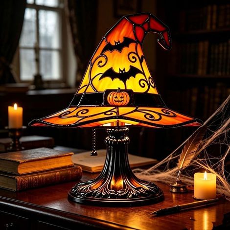 Lampe chapeau sorcière Halloween résine - Veilleuse décorative - Ornement de table - Maison - Original (1/5)