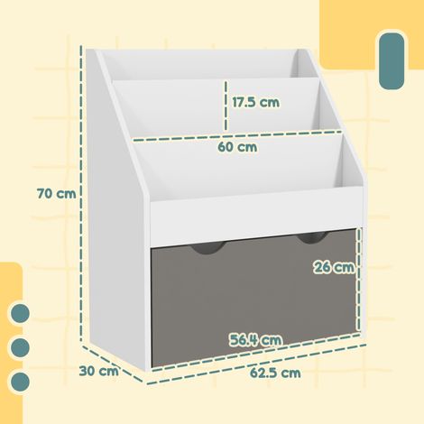 Librería infantil con estantes y cajón, ideal para dormitorio o sala de juegos, color blanco. (1/5)