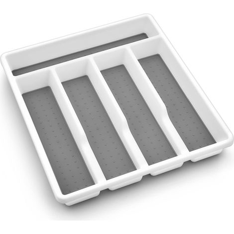Range-couverts pour tiroirs, en plastique, avec 5 compartiments, robuste, pour cuisine/bureau, doublure douce et pieds en caoutchouc antidérapants, 32,2 x 28,8 x 4,5 cm, blanc et gris (1/5)