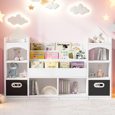 Bilderbuchregal, Kinderbuchregal, mehrstöckiger Kinderschrank, Kinderzimmermöbel, Spielzeugaufbewahrung, Ablageregal, Kinderaufbewahrungsschrank, mit 2 klappbaren Aufbewahrungsboxen, Weiß, 1303090cm (1/5)