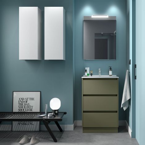 Badezimmermöbel NOJA 600 3 Schubladen GREEN SATIN + Waschtisch + Spiegel