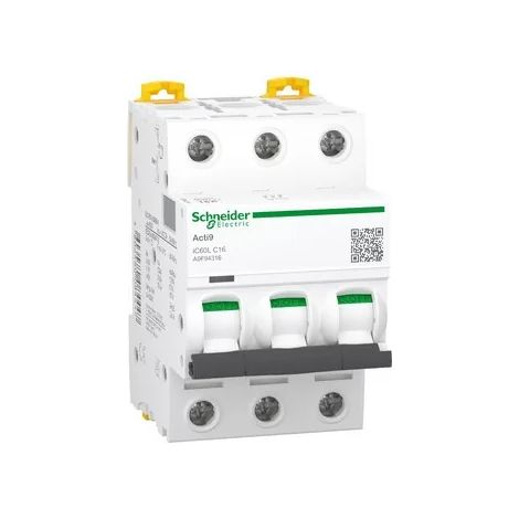 Schneider A9F94316 Image A9F94316 Acti9 iC60L - Circuit breaker - 3P - 16A - C-curve - 400Vac - 15000A/25kA