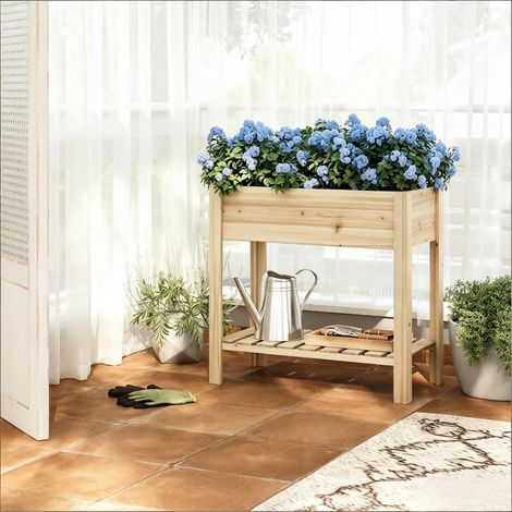 Potager surélevé en bois traité, jardinière à herbes aromatiques avec étagère de rangement – bac à plantes extérieur pour balcon et jardin