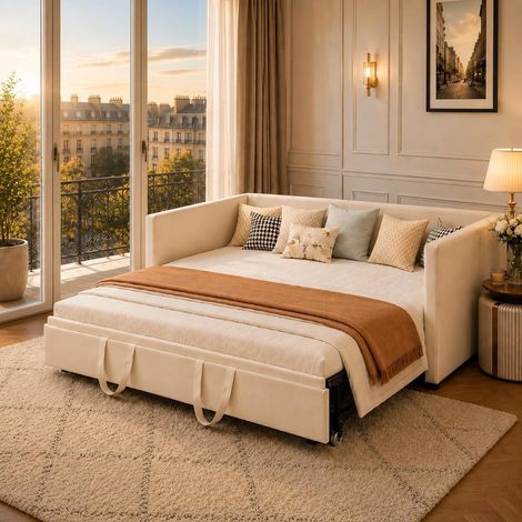 Canapé lit Convertible 90/180 x 200 cm avec sommier à Lattes,Canapé Convertible Extensible,Tissu Velours,beige (1/5)