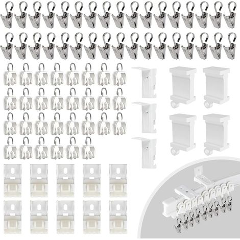 81-teiliges Zubehörset für Gardinenschienen zur Deckenmontage, Schienenrollen, Endkappen, Metall-Gardinenclips, Montagehalterungen, Schwarz (1/5)