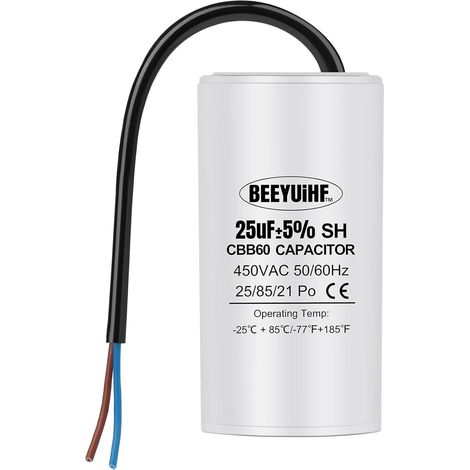 CBB60 Condensateur de démarrage 25µF pour moteur électrique et machine à laver - 50/60Hz 450VAC, fil inclus (38 x 70 mm) (1/5)