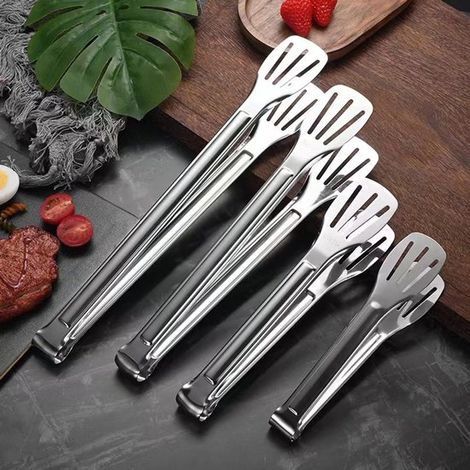 Set di 4 pinze da cucina in acciaio inox con meccanismo di bloccaggio, ideali per cucinare, grigliare e friggere. Pinze robuste e resistenti al calore, 18,5 cm. (1/4)