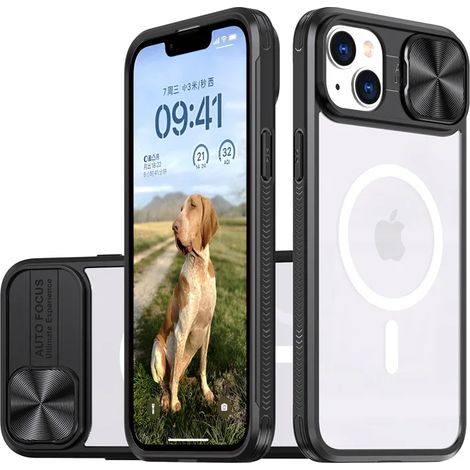 (iPhone SE 2022, Noir) Coque de protection à chargement sans fil magnétique MagSafe avec cache-objectif coulissant en acrylique (1/5)