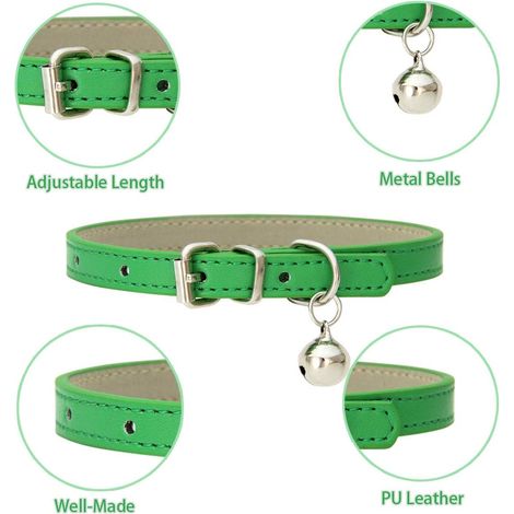 Lot de 8 colliers pour chat fabriqués à la main avec des cloches et des boucles en métal poli durables et réglables, circonférence de la force 20-28cm - vert, jaune, rouge, bleu ciel, noir, rose, café (1/4)