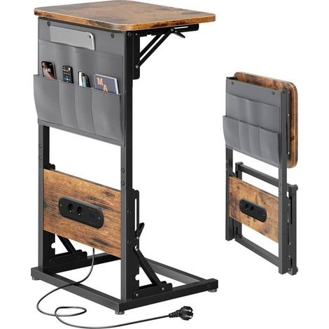 EcoFurnix C-förmiger Beistelltisch, klappbar mit Steckdosen und USB-Ports, für Schlafzimmer und Wohnzimmer, braun