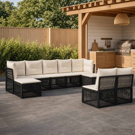 Salon de jardin 9 places modulable en polyrotin noir avec coussins lavables - PANGIVO (1/5)