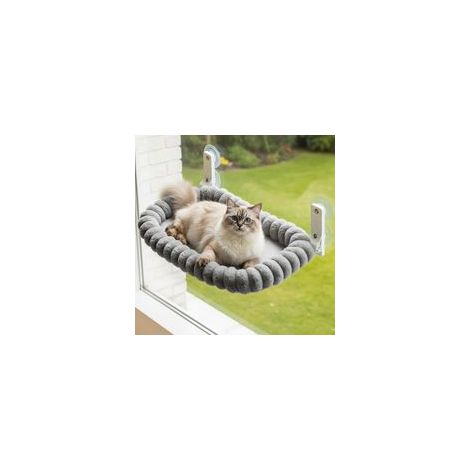 Hamac Chat Fenetre avec 4 Ventouses, Perchoir Chat Fenetre, Lit Peluche Pliable et Réversible, Cadre Acier Épais Solide, Facile à Démonter, Supporte jusqu'à 18kg, M(52x30cm), Gris (1/5)
