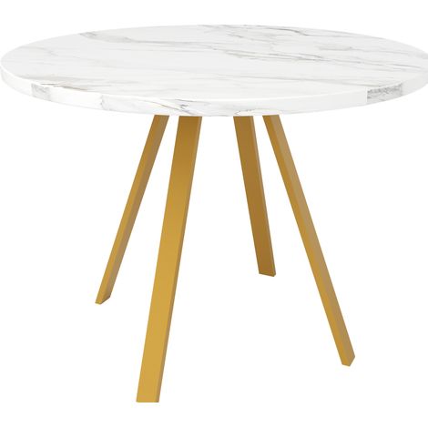 Runder Esstisch 80 x 80 x 75 cm aus MDF und Metall, weiß marmoriert mit goldenen Beinen (1/5)