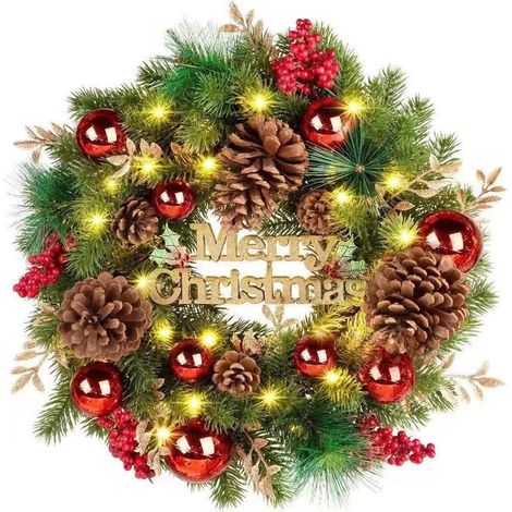 43 cm großer Weihnachtskranz mit LED-Lichtern, Weihnachtsdekoration für Tür, Baum, Wand, Fenster (1/5)