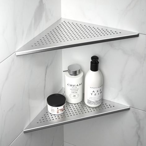Etagere Douche Angle Lot de 2, étagère de Douche d'angle en Acier Inoxydable 304, Etagere Angle Salle de Bain 305mm, pour Mur carrelé, sans perçage, Argenté