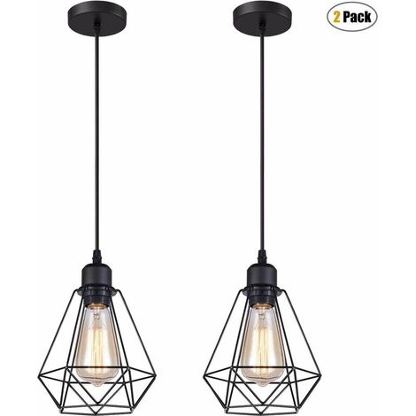 2x Suspensions Luminaires Industrielle Métal Lustre Suspension Style Cage Géométrique E27 Lampe Suspension Vintage - Noir - Ø 20cm BLOW (1/5)