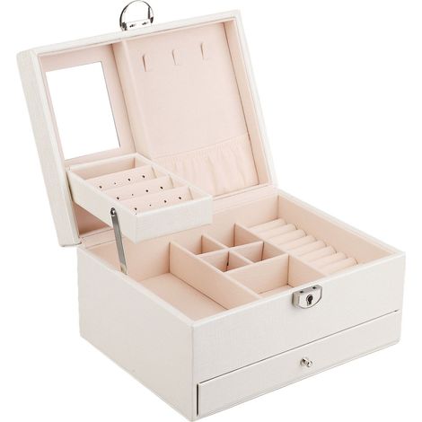 Boîte à bijoux de maison imperméable en cuir PU, étui à bijoux à double compartiment, grande capacité, organisateur d'ornements, blanc (1/5)