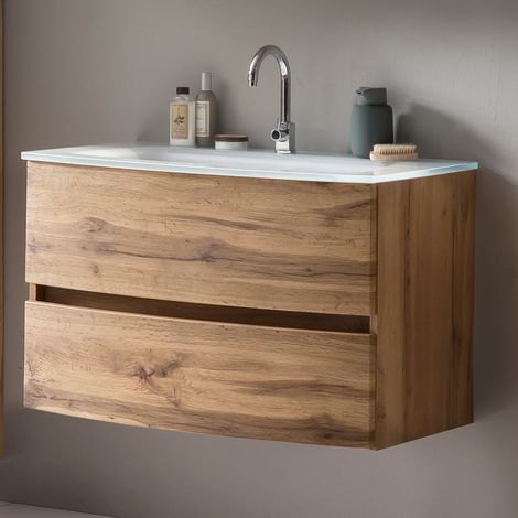Meuble vasque Kornel 80cm avec vasque blanche - chêne
