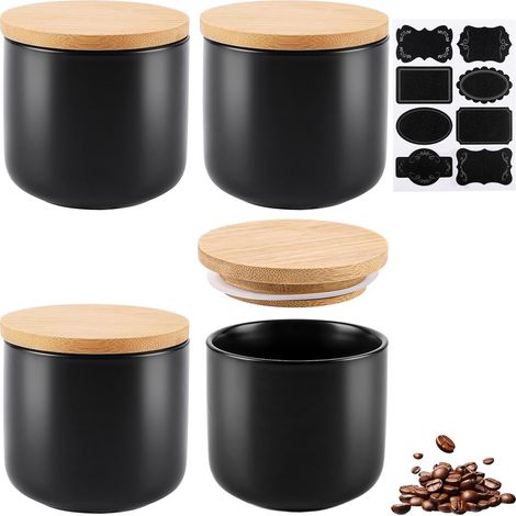 Lot de 4 Boite a Cafe Hermetique avec Étiquettes, 260ml Pot a Sel avec Couvercle en Bambou, Pot Cuisine en Céramique pour Thé, Épices, Céréales, Grains de café, Sel (Noir) (1/5)