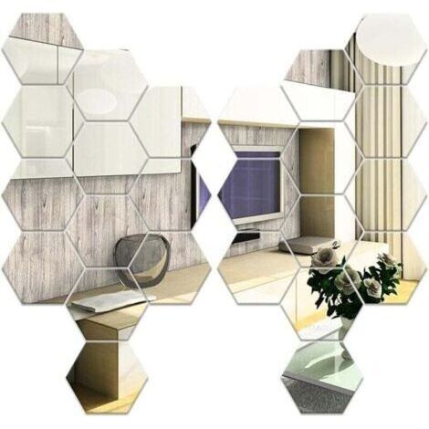 24 pièces Miroir Hexagonal Mural, Miroir Adhesif Mural Argent 126×110×63mm, Miroirs Muraux Autocollant Hexagone en Acrylique pour Canapé TV Fond Décoration, Chambre, Salon (1/4)
