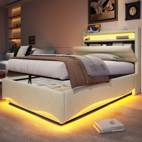 REDOM - Letto contenitore 90x200 cm (materasso non incluso) con luci a LED, meccanismo idraulico, porte USB e Type C, tessuto in lino, beige (1/5)