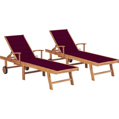 Lot de 2 transats chaise longue bain de soleil lit de jardin terrasse meuble d'extérieur 195 cm avec coussin rouge bordeaux teck solide