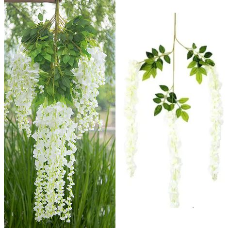Lot de 12 fleurs de glycine artificielles, denses, blanc crème, fausse glycine suspendue pour la décoration de mariages et de fêtes de jardin. (1/5)