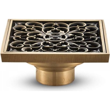 Siphon de sol de salle de bain en laiton antique Unique sculpté fleur carré douche vidange pour toilette de jardin (1/5)