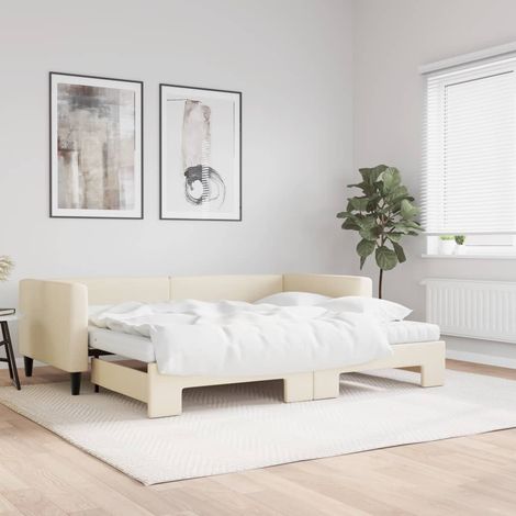 Tagesbett Ausziehbar mit Matratzen Creme 90x200 cm Stoff (1/5)