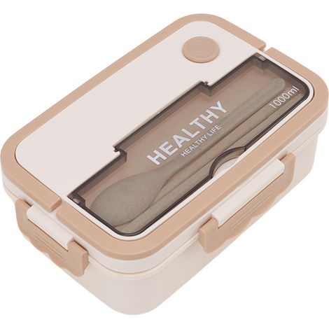 Boîte à lunch en plastique à 3 compartiments, 1000 ml, compatible micro-ondes, couleur beige, idéale pour les enfants, les adultes, les étudiants et les employés de bureau. (1/5)