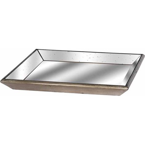Astor Distressed Mirrored Square Tray W/Wooden Detailing Lge - Glass/Wood - L50 x W50 x H5 cm - Gold