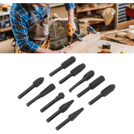 Werkzeuge zum Schleifen und Schnitzen von Hartholz mit einem 6,35 mm (1/4") Griff, rotierender Holzfeile, Holznutbohrer und elektrischem Schleifkopf. (1/5)