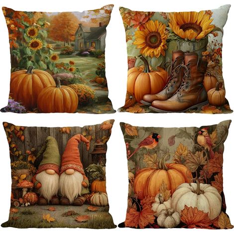 Fundas de cojín decorativas de 45x45 cm (juego de 4) - Estampado de calabazas, estilo rústico, naranja, con gnomos y girasoles - Decoración para sofá y jardín (1/5)