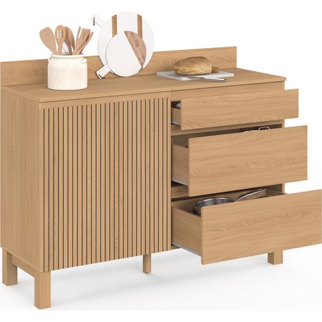 Niedriges Küchenschrank-Buffet mit Topfablage, 120 cm, Modell "JULIETTE", Arbeitsplatte H. 83 cm, 1 Tür + 3 Schubladen, Holzlatt (1/5)
