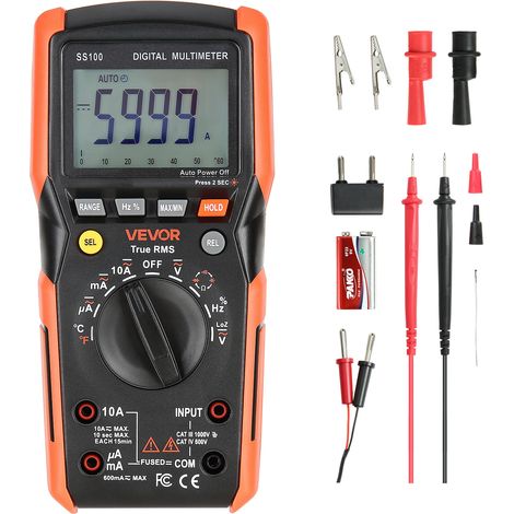 VEVOR Multimetre Numerique, 6000 Points, Multimetre Pro TRMS Voltmetre Test Tension CA CC, Courant, Resistance, Capacitance, Frequence, Temperature, Diodes, Continuite, Faible Impedance, Cycle Service