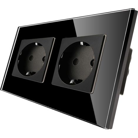Douille à double 16 Amp avec vitre durci Noir, protection de l'enfance, matériau ignifuge, socket schuko standard (1/5)