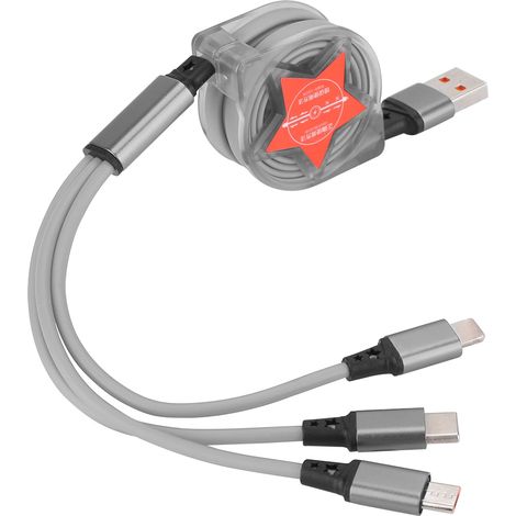 Câble de charge rétractable 3 en 1 rouge étoile pour iPhone, Type C et USB, connecteur argenté (1/5)