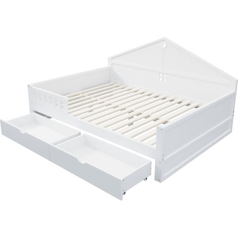 Letto semplice 140 x 200 cm con LED, 2 cassetti e rete a doghe in legno bianco MODENUIT (1/5)