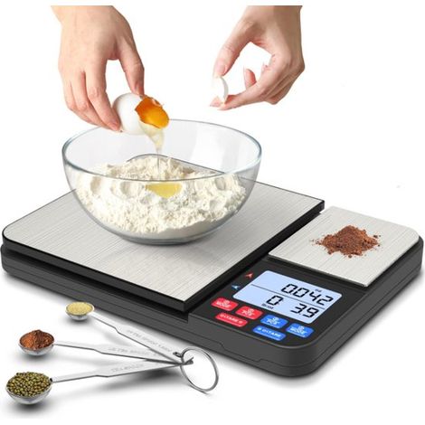 Balanza digital de cocina con dos plataformas y cucharas medidoras incluidas. Mide en gramos y onzas. Ideal para，17,6 oz，0,01 g，0,1 g，11 lb，5 kg