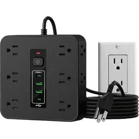 Multiprise à 16 prises avec protection contre les surtensions, ports USB et Type-C, fiches plates, cordon d'alimentation de 1,5 m, convient pour la maison, le bureau et les voyages, noire. (1/5)