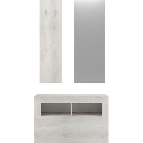 Meuble à chaussures avec miroir et portemanteau muraux aspect bois blanchi - ROVICA